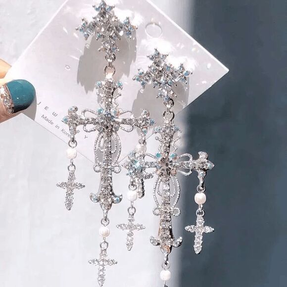 NWOT Cross AB Crystal Chandelier Dangle Earring - 4.5" - Picture 1 of 5